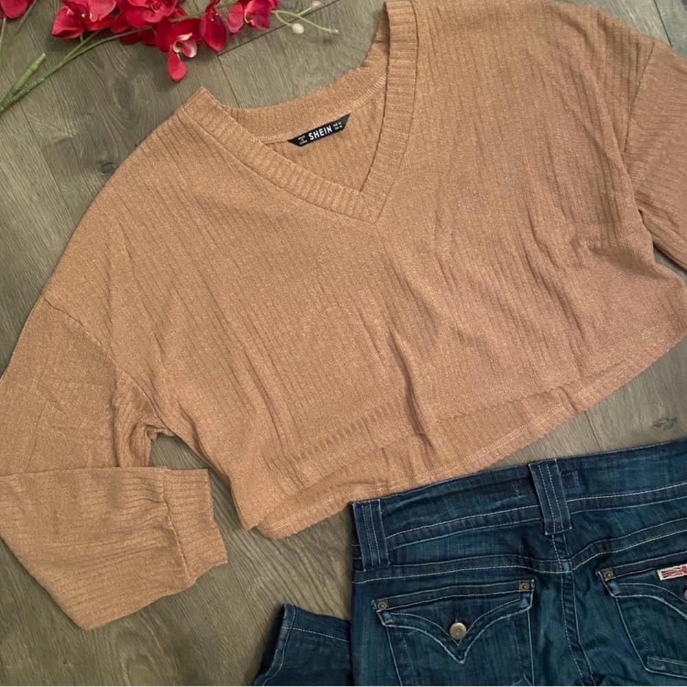 Cropped Tan Ribbed Knit Sweater - Picture 6 of 7